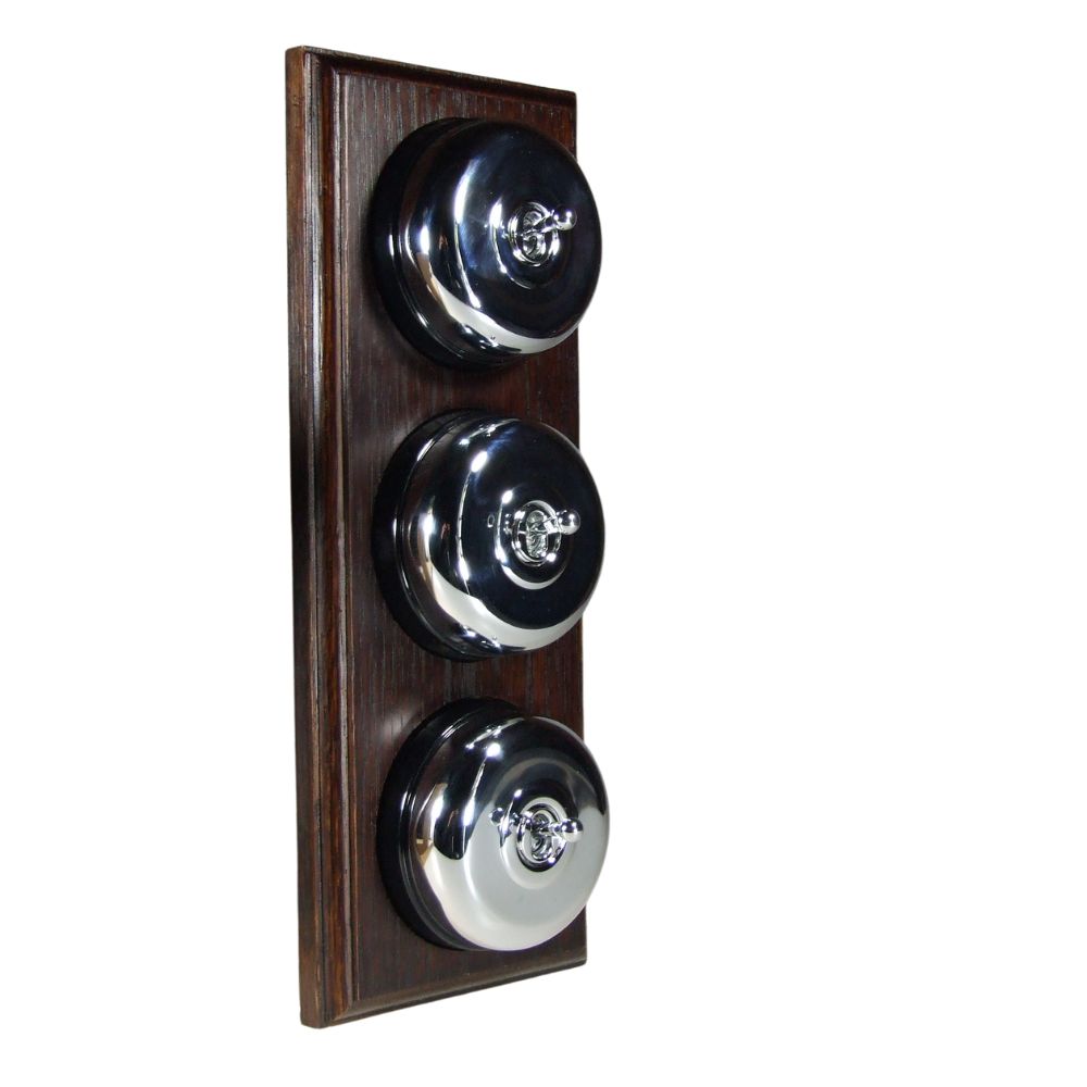 Period Smooth Polished Chrome Dome Triple Dolly Light Switch Dark Oak Black Vertical
