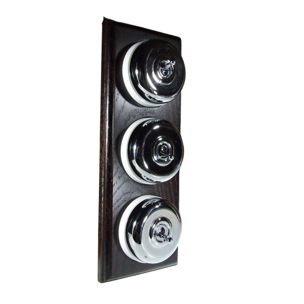 Period Smooth Polished Chrome Dome Triple Dolly Light Switch Dark Oak White Vertical
