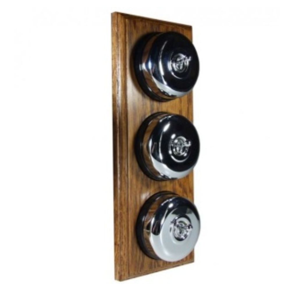 Period Smooth Polished Chrome Dome Triple Dolly Light Switch Medium Oak Black Vertical