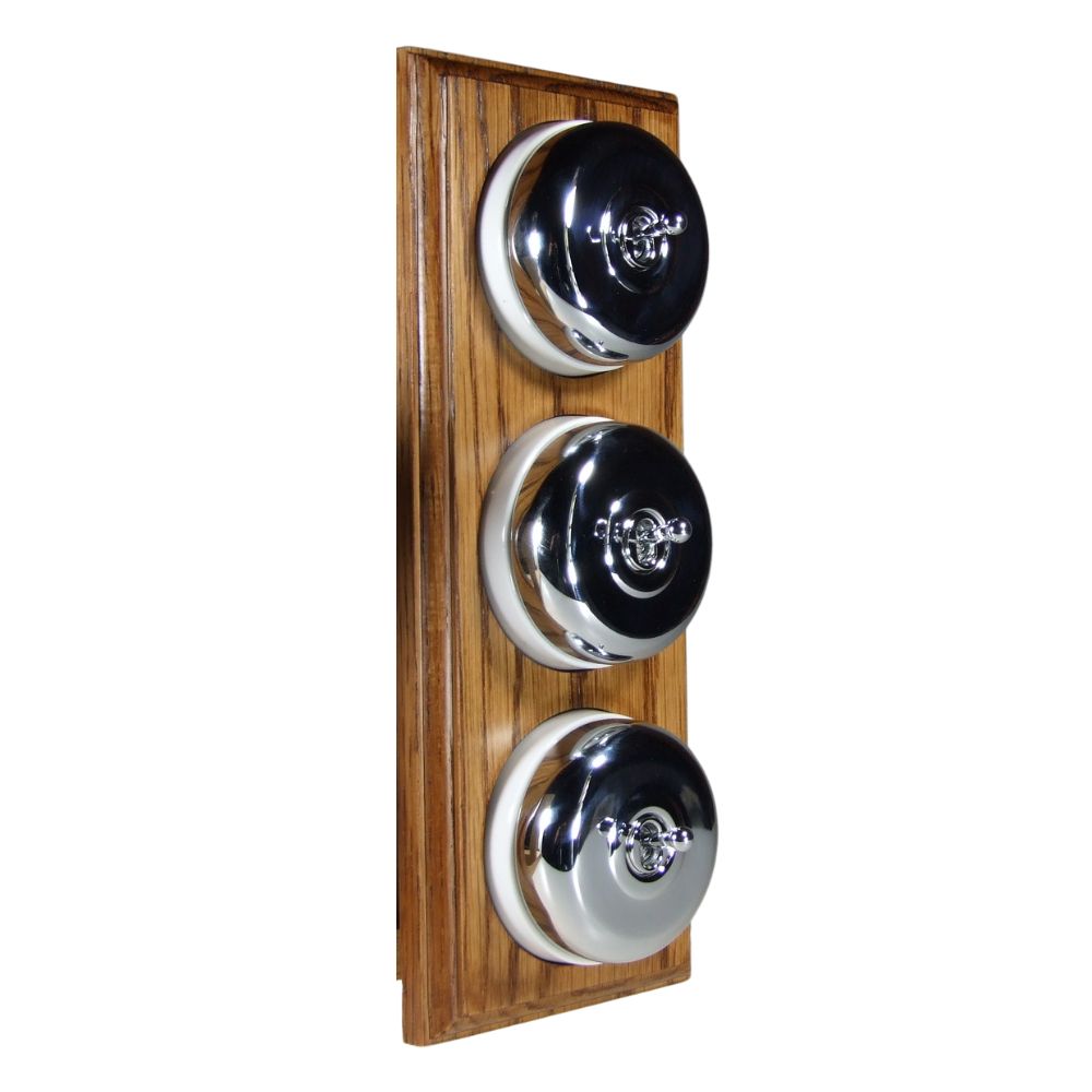 Period Smooth Polished Chrome Dome Triple Dolly Light Switch Medium Oak White Vertical