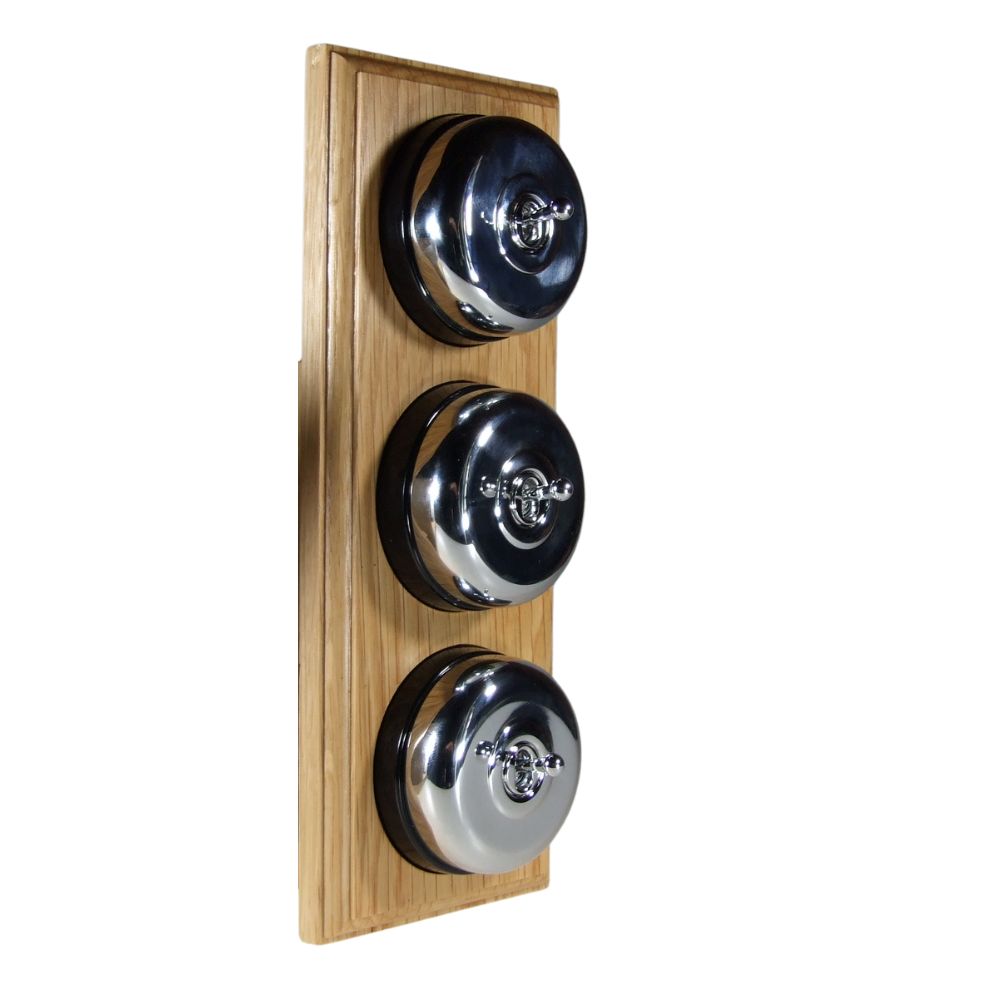 Period Smooth Polished Chrome Dome Triple Dolly Light Switch Medium Oak Black Vertical