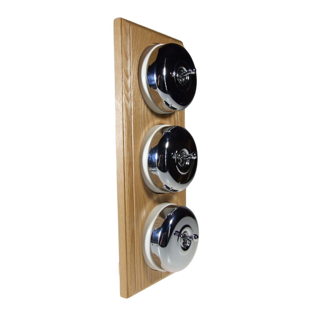 Period Smooth Polished Chrome Dome Triple Dolly Light Switch Oak White Vertical