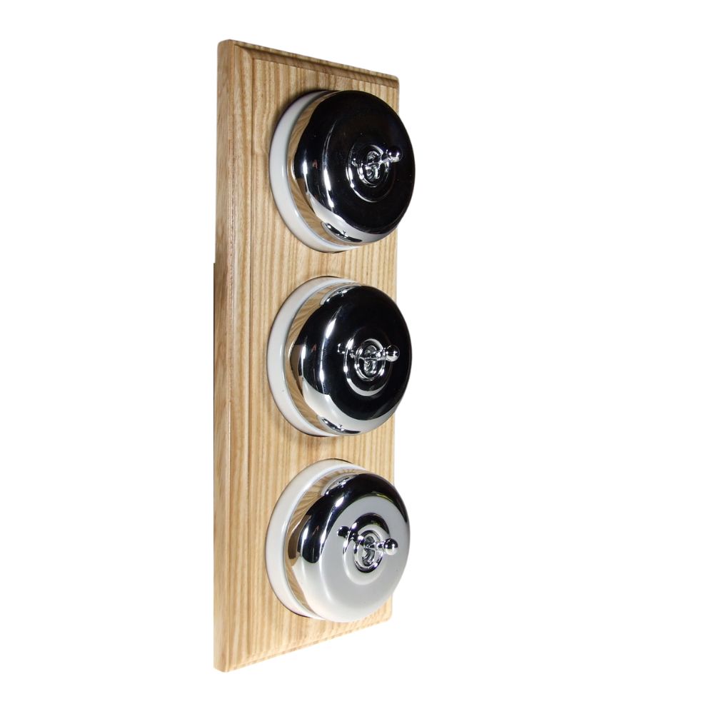 Period Smooth Polished Chrome Dome Triple Dolly Light Switch Unfinished Oak White Vertical
