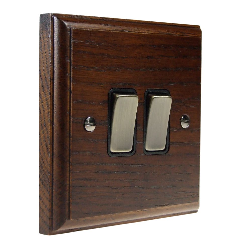 Classic Dark Oak Double Light Switch Antique Brass and Black