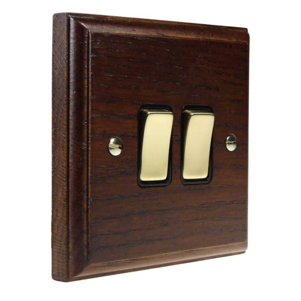 Classic Dark Oak Double Light Switch Polished Brass and Black