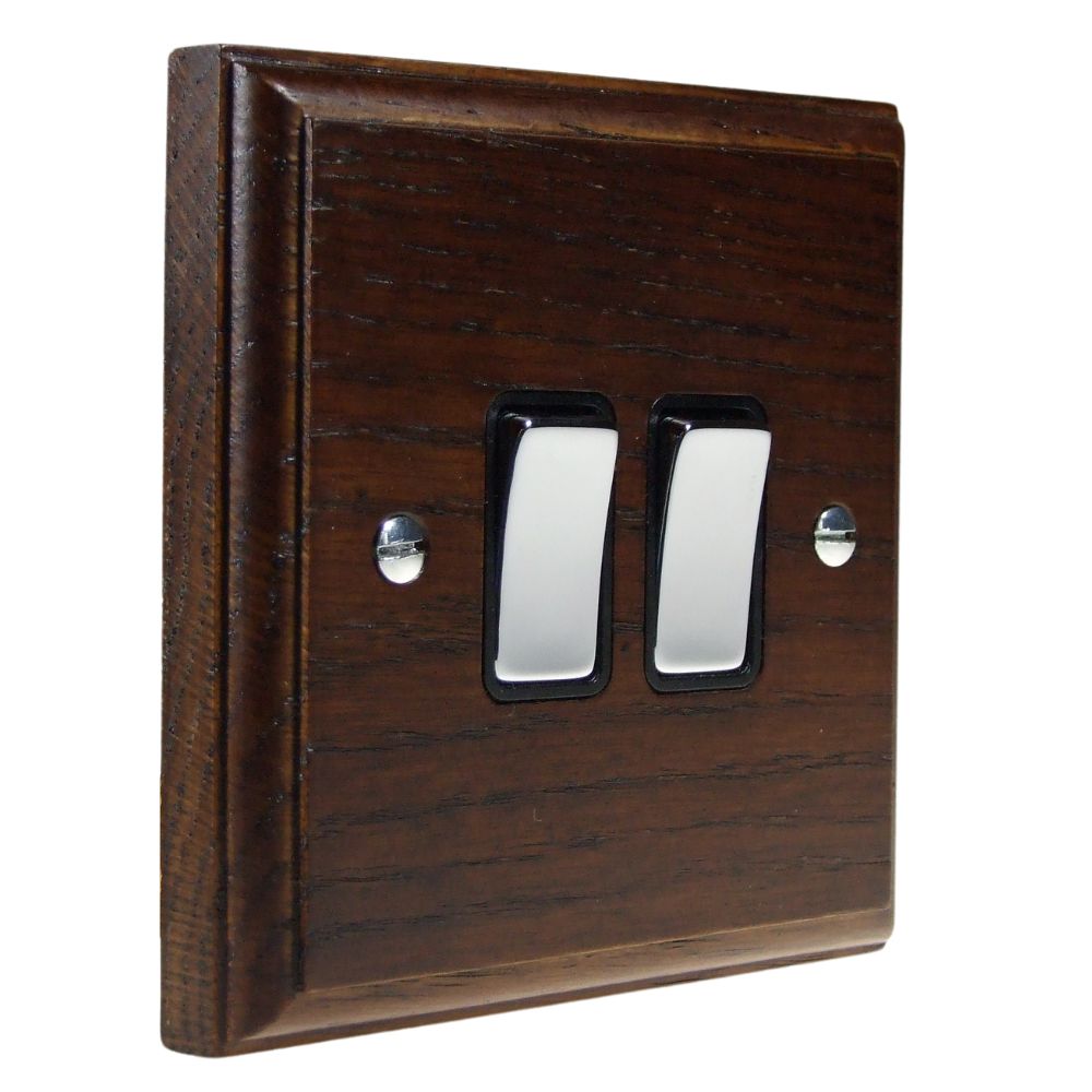 Classic Dark Oak Double Light Switch Polished Chrome and Black