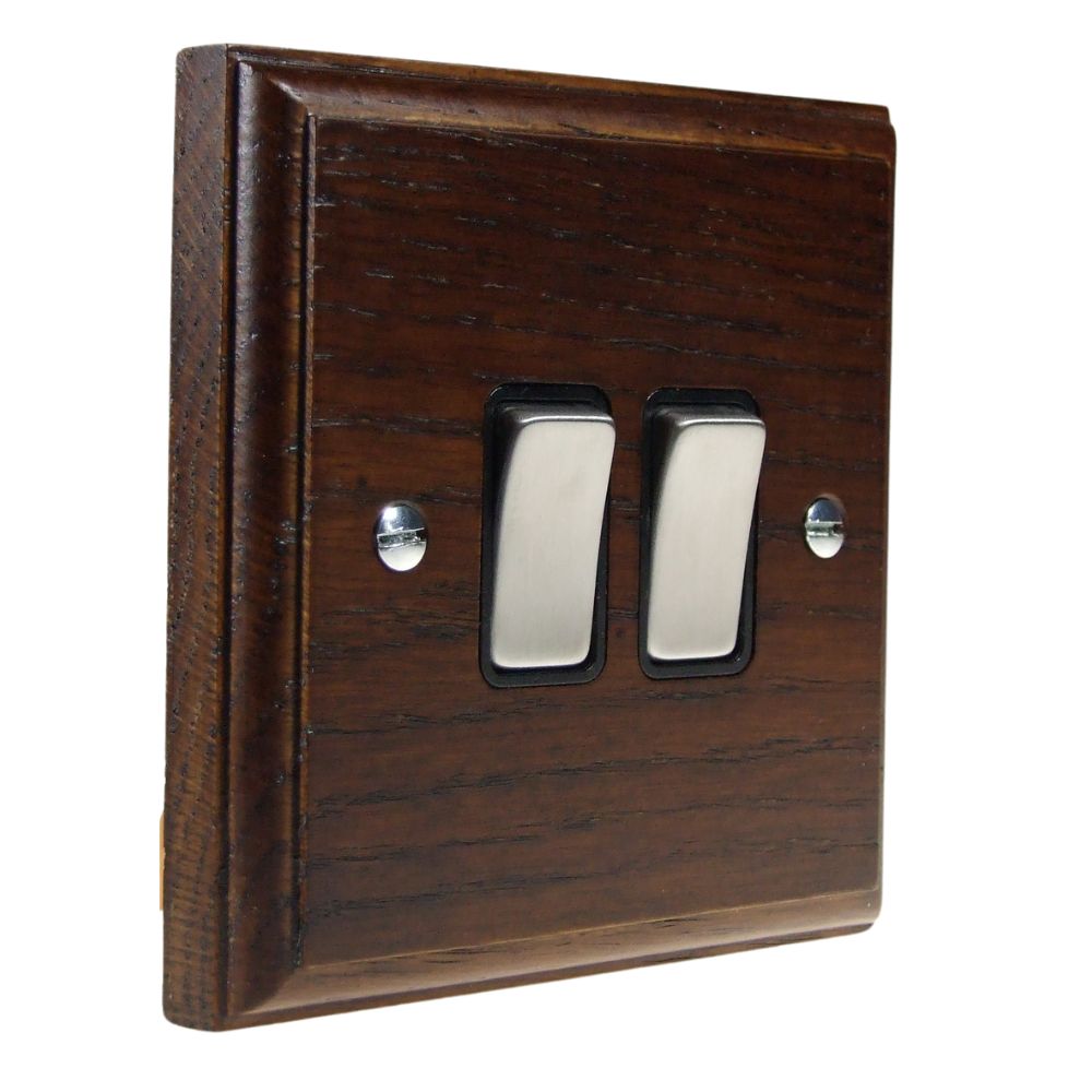 Classic Dark Oak Double Light Switch Satin Stainless and Black