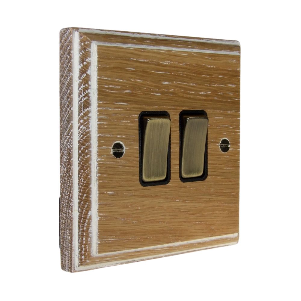 Classic Limed Oak Double Light Switch Antique Brass and Black