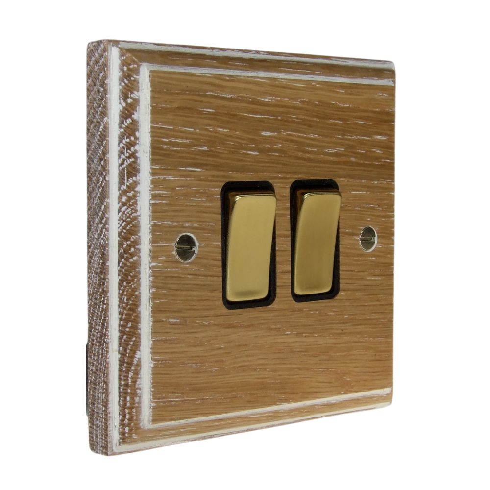 Classic Limed Oak Double Light Switch Polished Brass and Black