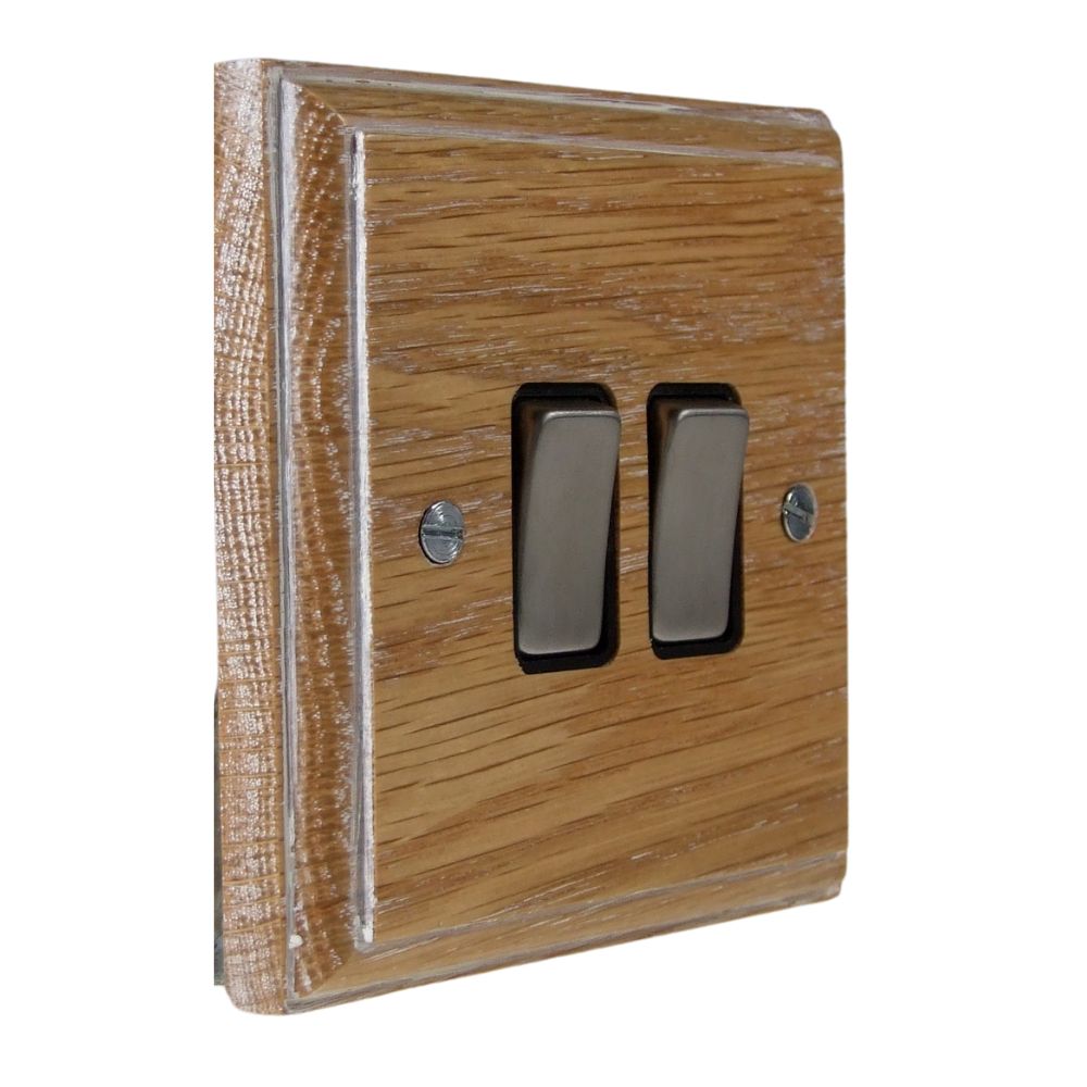 Classic Limed Oak Double Light Switch Polished Chrome and Black
