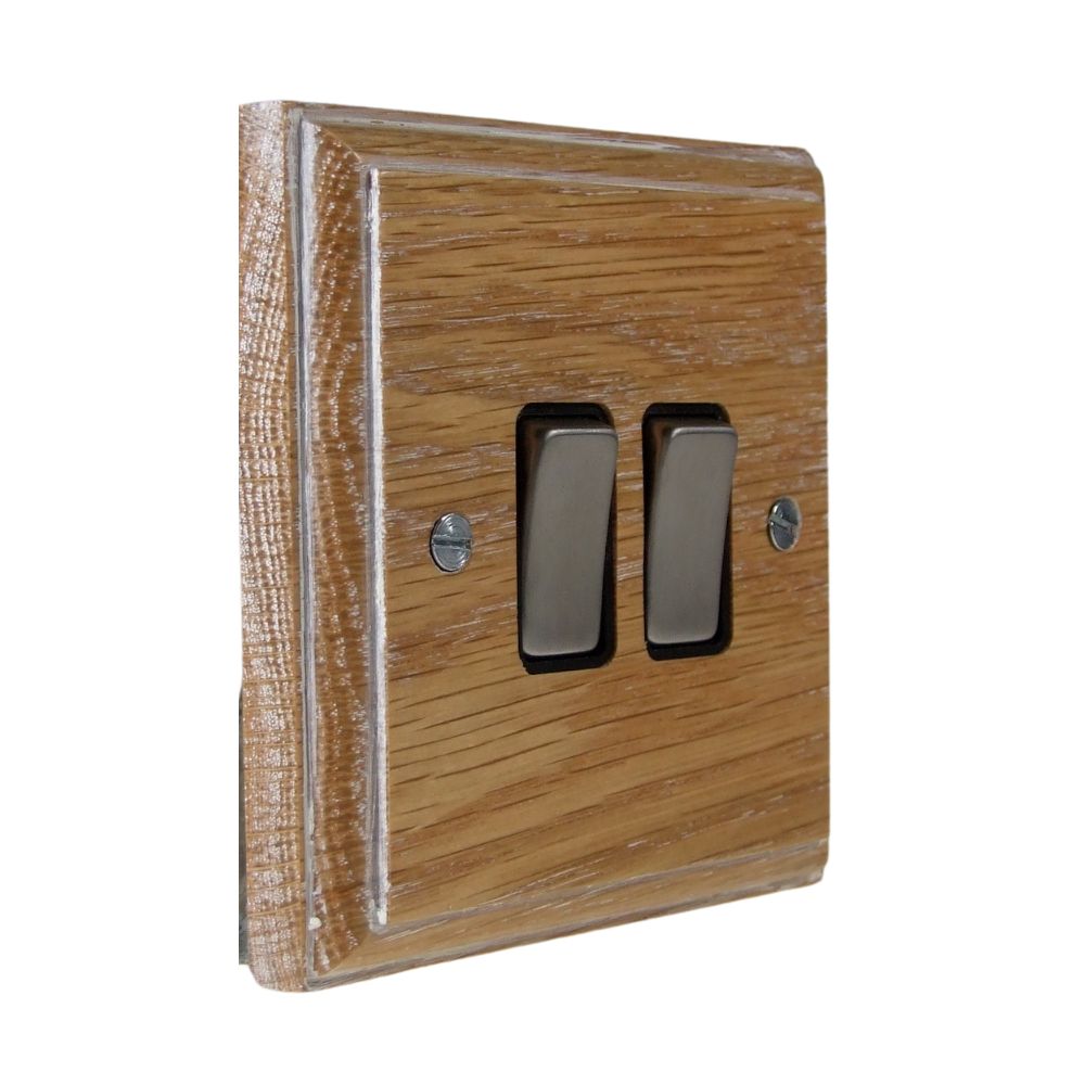Classic Limed Oak Double Light Switch Satin Stainless and Black