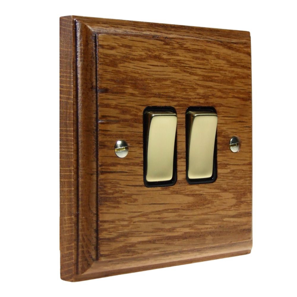 Classic Medium Oak Double Light Switch Polished Brass and Black