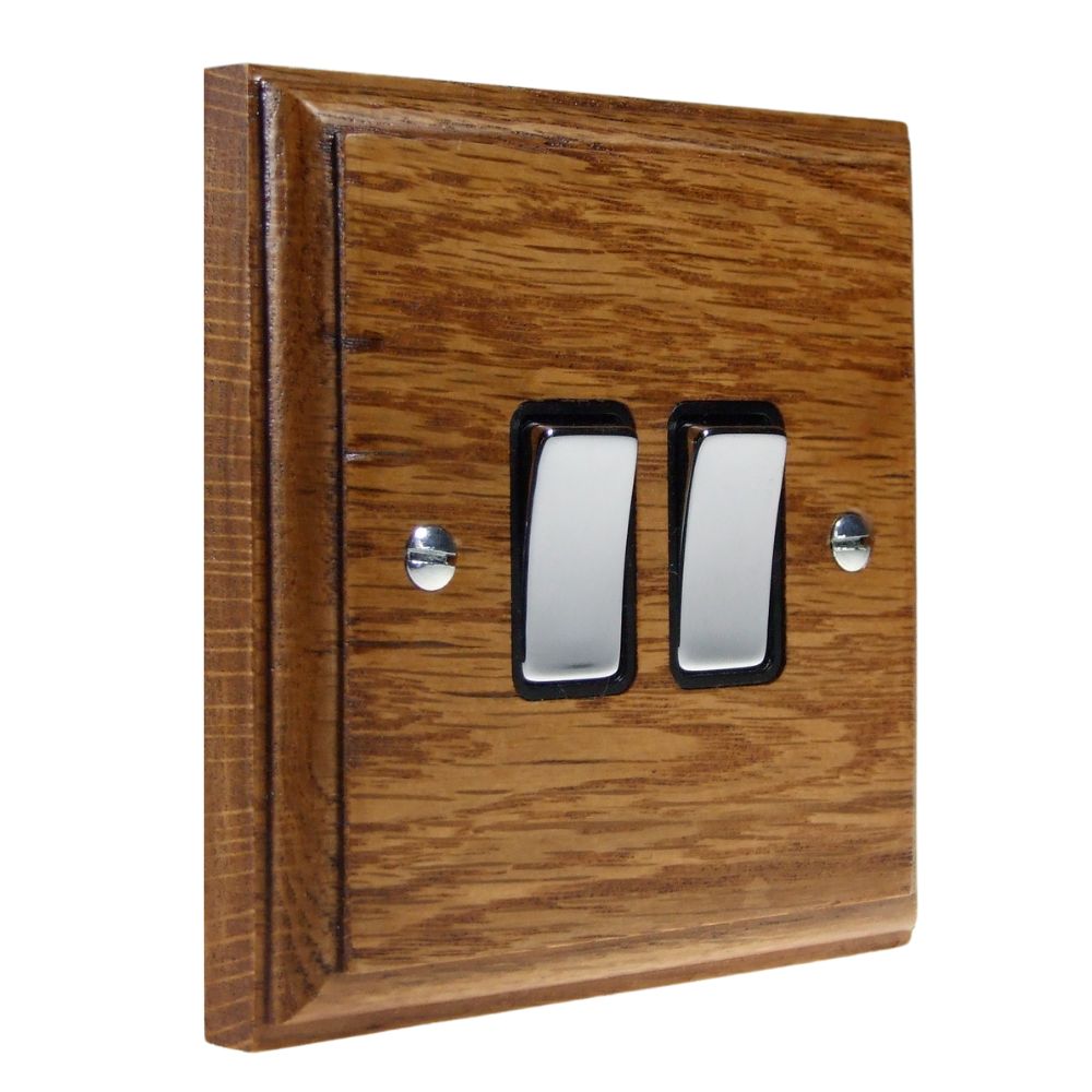 Classic Medium Oak Double Light Switch Polished Chrome and Black