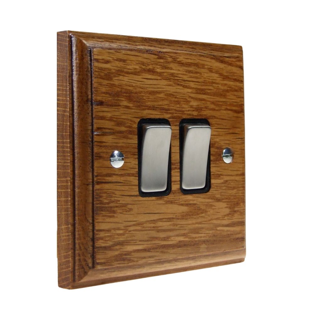 Classic Medium Oak Double Light Switch Satin Stainless and Black