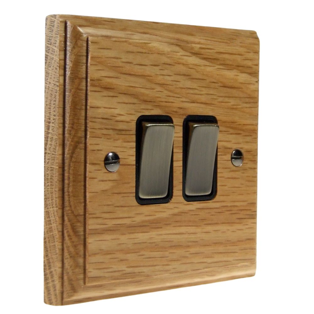 Classic Oak Double Light Switch Antique Brass and Black