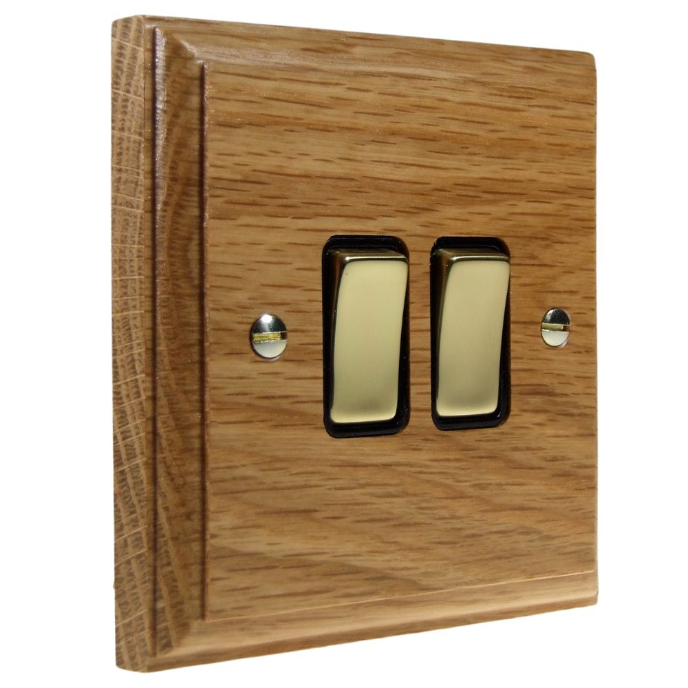 Classic Oak Double Light Switch Polished Brass and Black