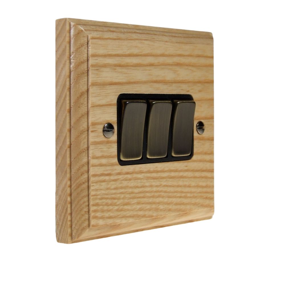 Classic Ash Triple Light Switch Antique Brass and Black