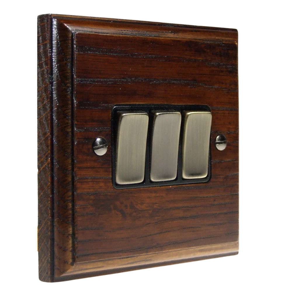 Classic Dark Oak Triple Light Switch Antique Brass and Black