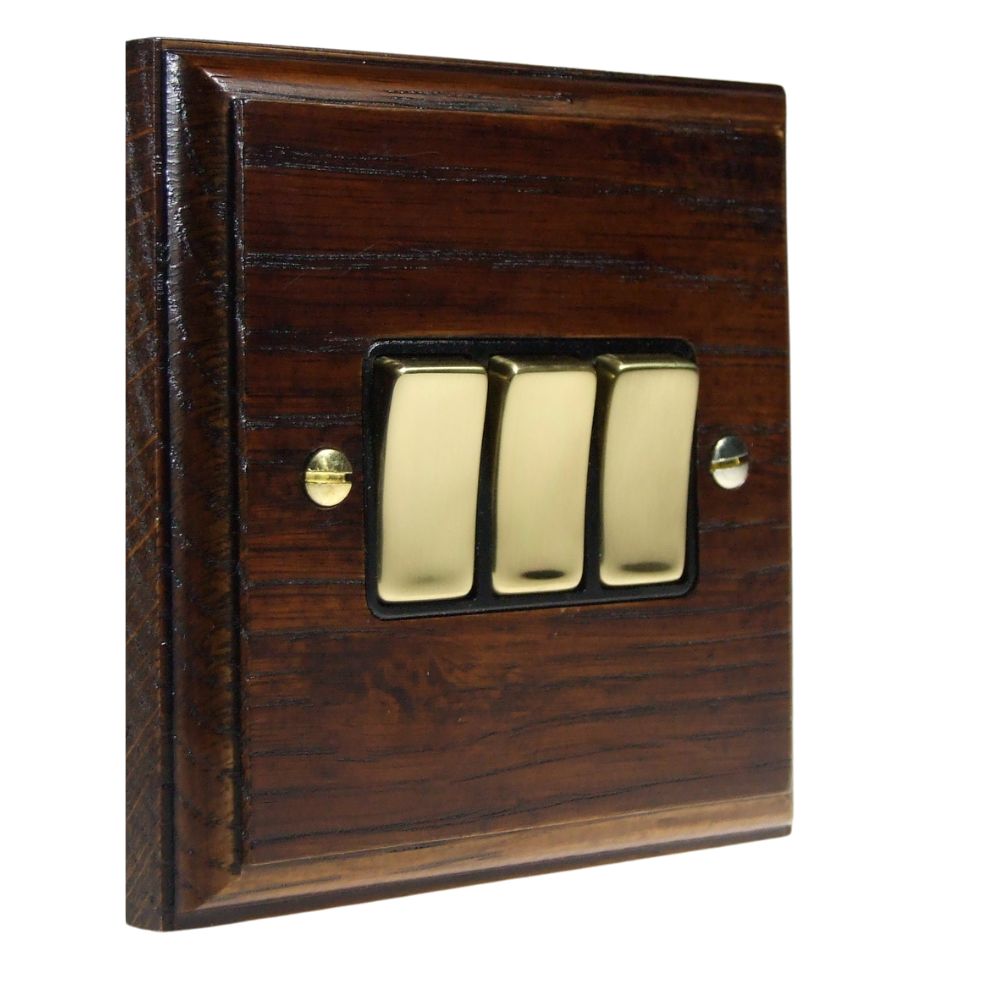 Classic Dark Oak Triple Light Switch Polished Brass and Black