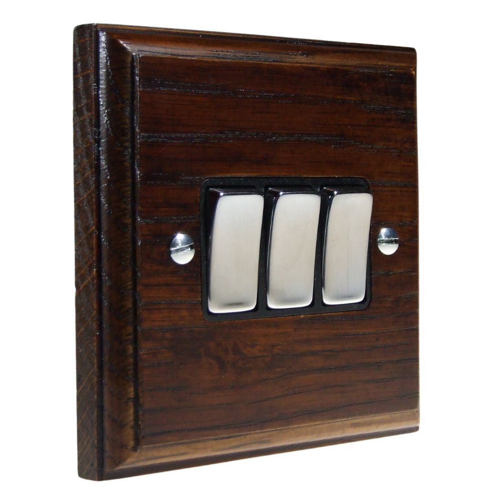 Classic Dark Oak Triple Light Switch Polished Chrome and Black