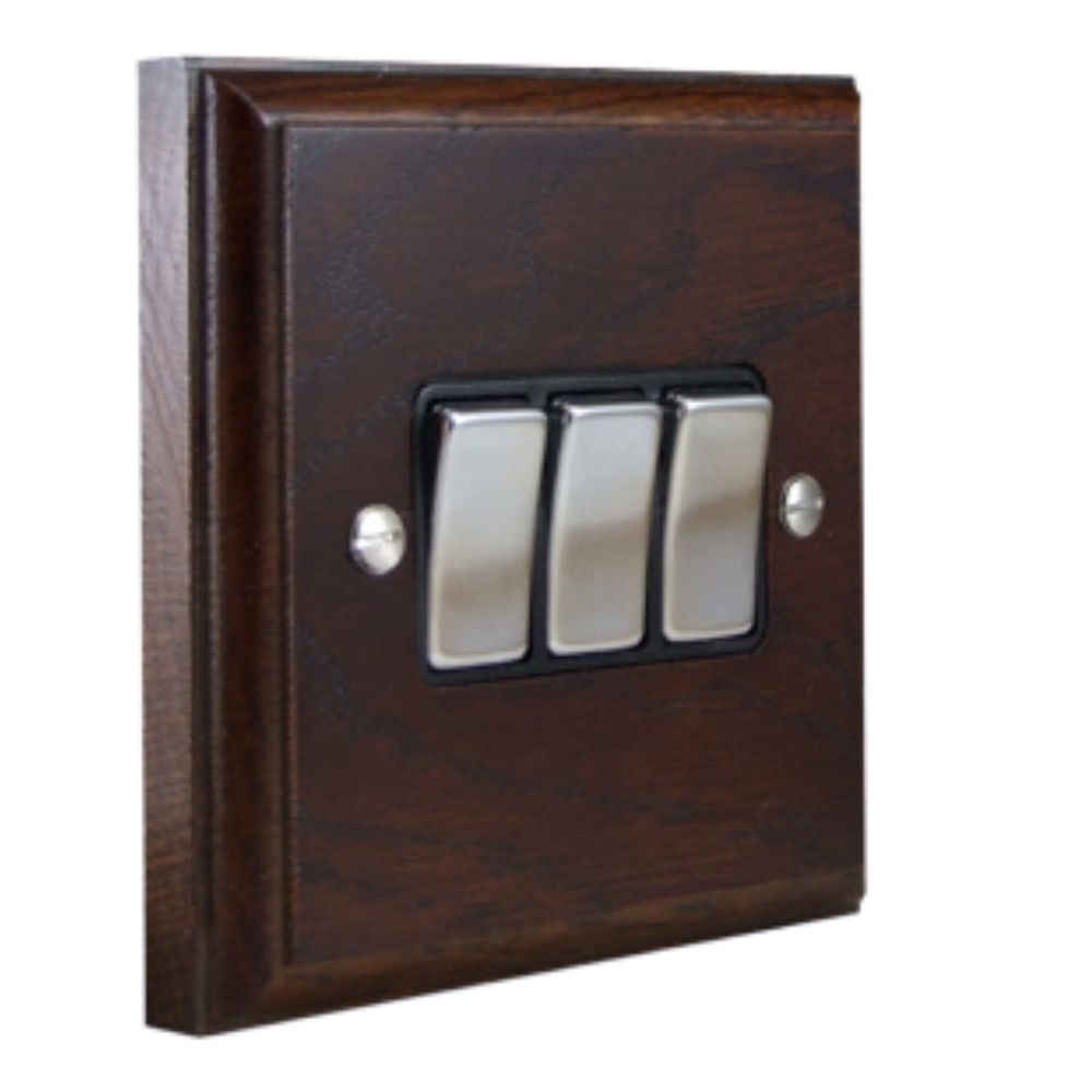 Classic Dark Oak Triple Light Switch Satin Stainless and Black