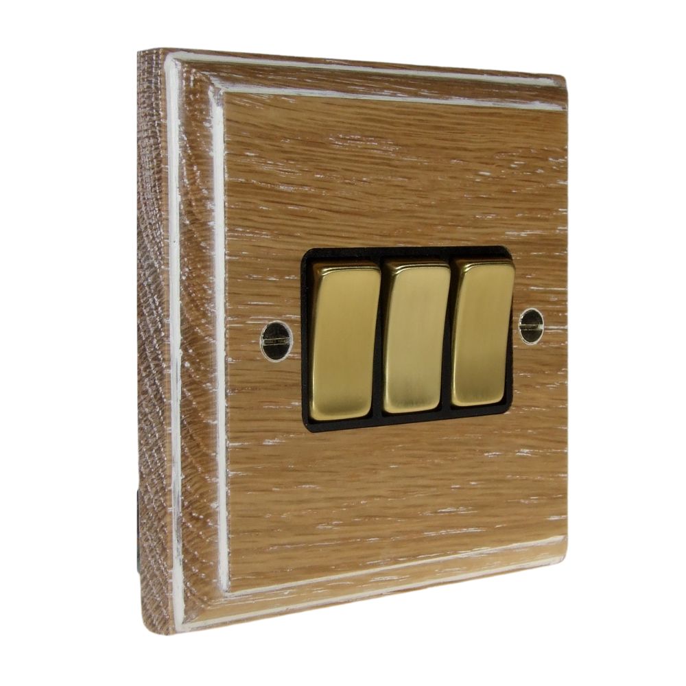 Classic Limed Oak Triple Light Switch Polished Brass and Black