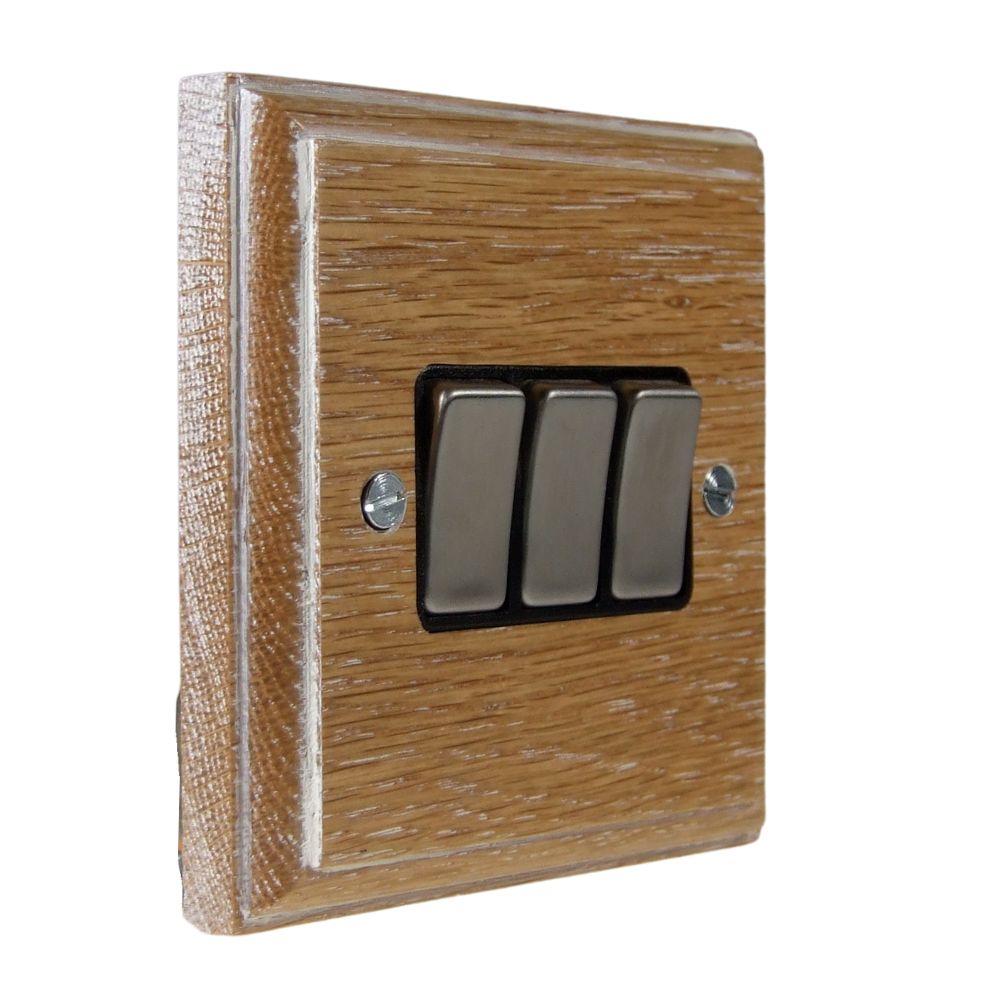 Classic Limed Oak Triple Light Switch Polished Chrome and Black