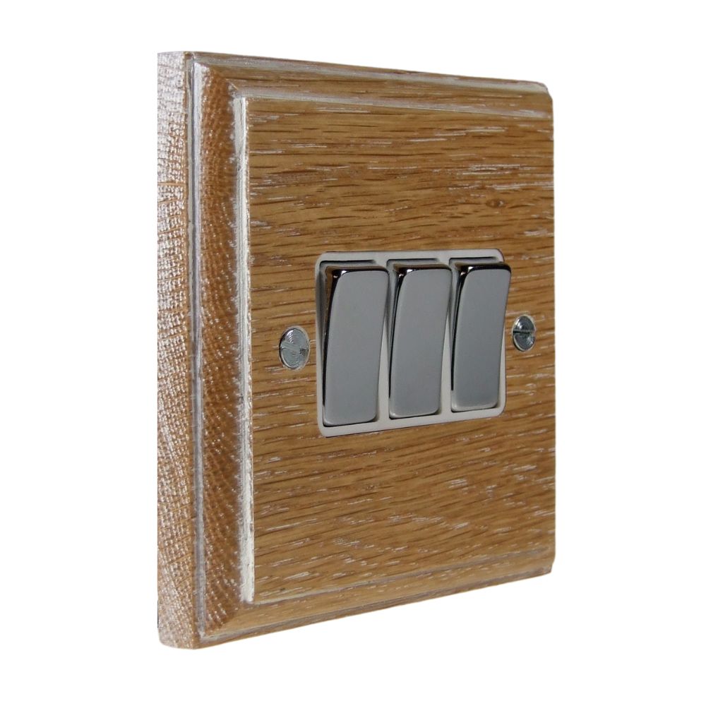 Classic Limed Oak Triple Light Switch Polished Chrome and White