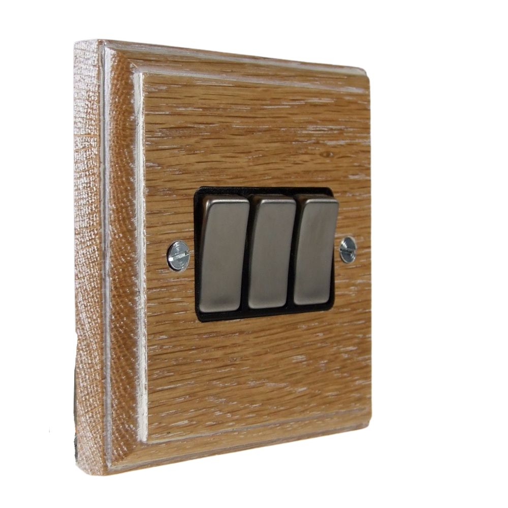 Classic Limed Oak Triple Light Switch Satin Stainless and Black