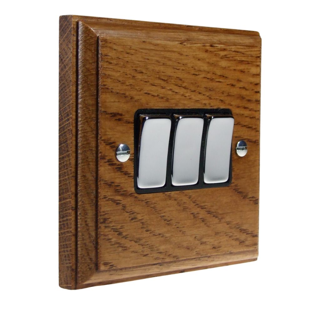 Classic Medium Oak Triple Light Switch Polished Chrome and Black