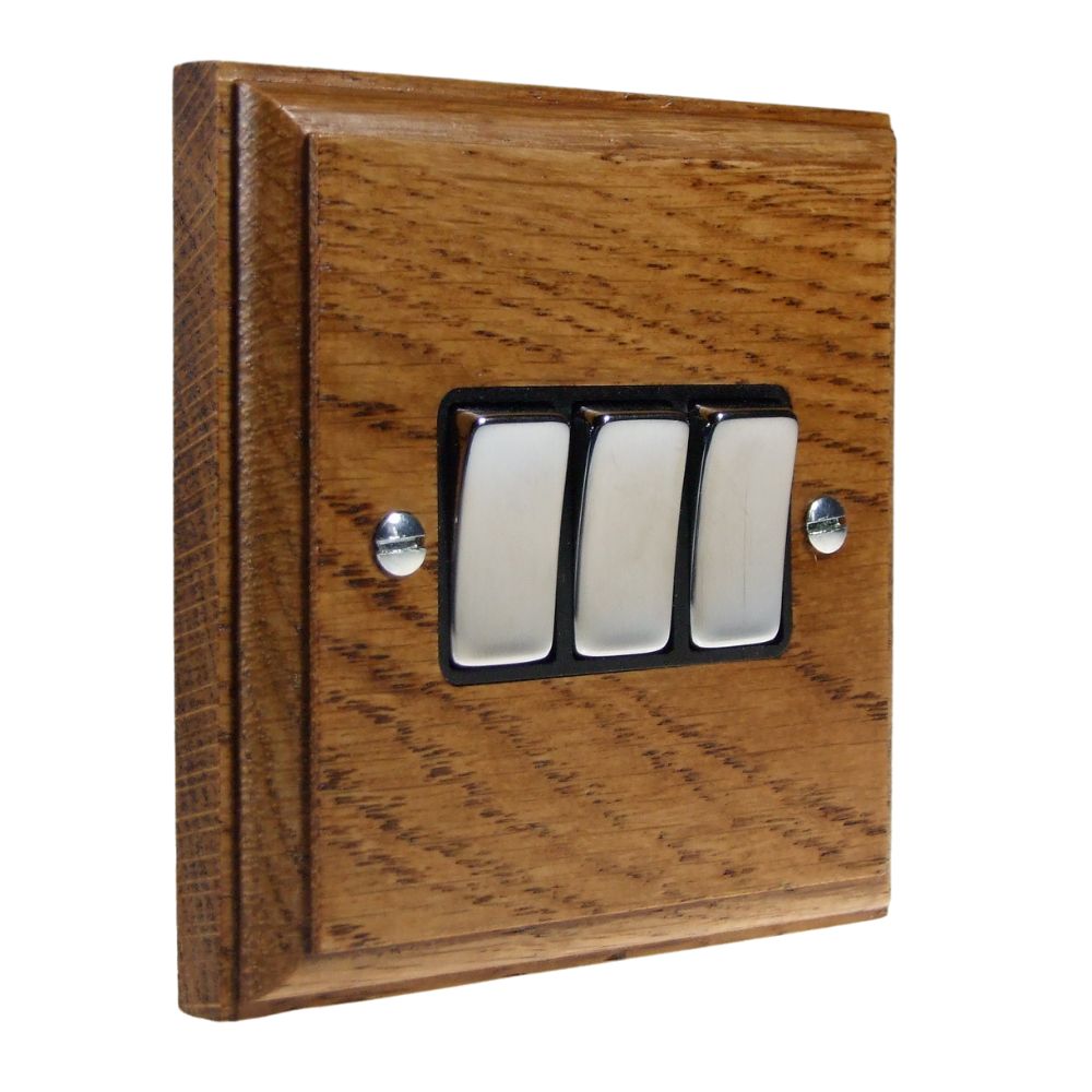 Classic Medium Oak Triple Light Switch Satin Stainless and Black