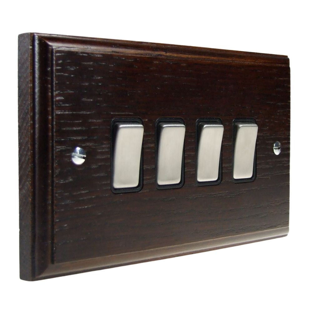 Classic Dark Oak 4 Switch Light Switch Satin Stainless and Black