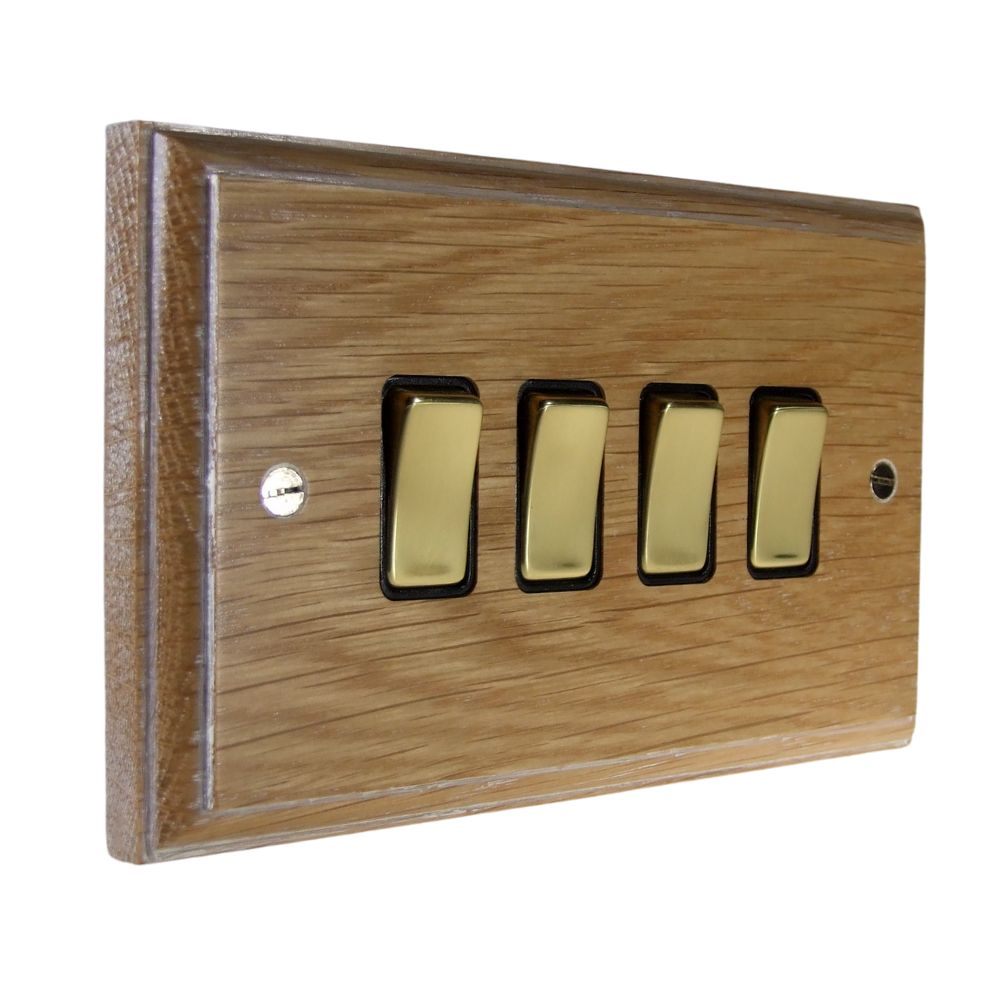 Classic Limed Oak 4 Switch Light Switch Polished Brass and Black
