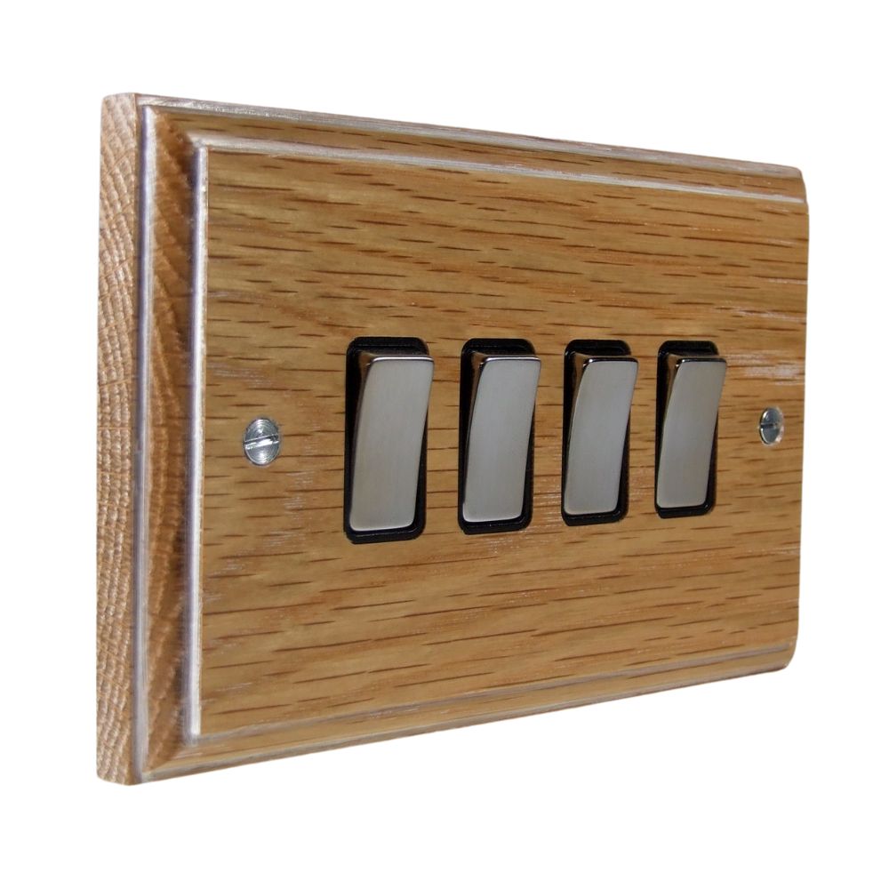 Classic Limed Oak 4 Switch Light Switch Polished Chrome and Black