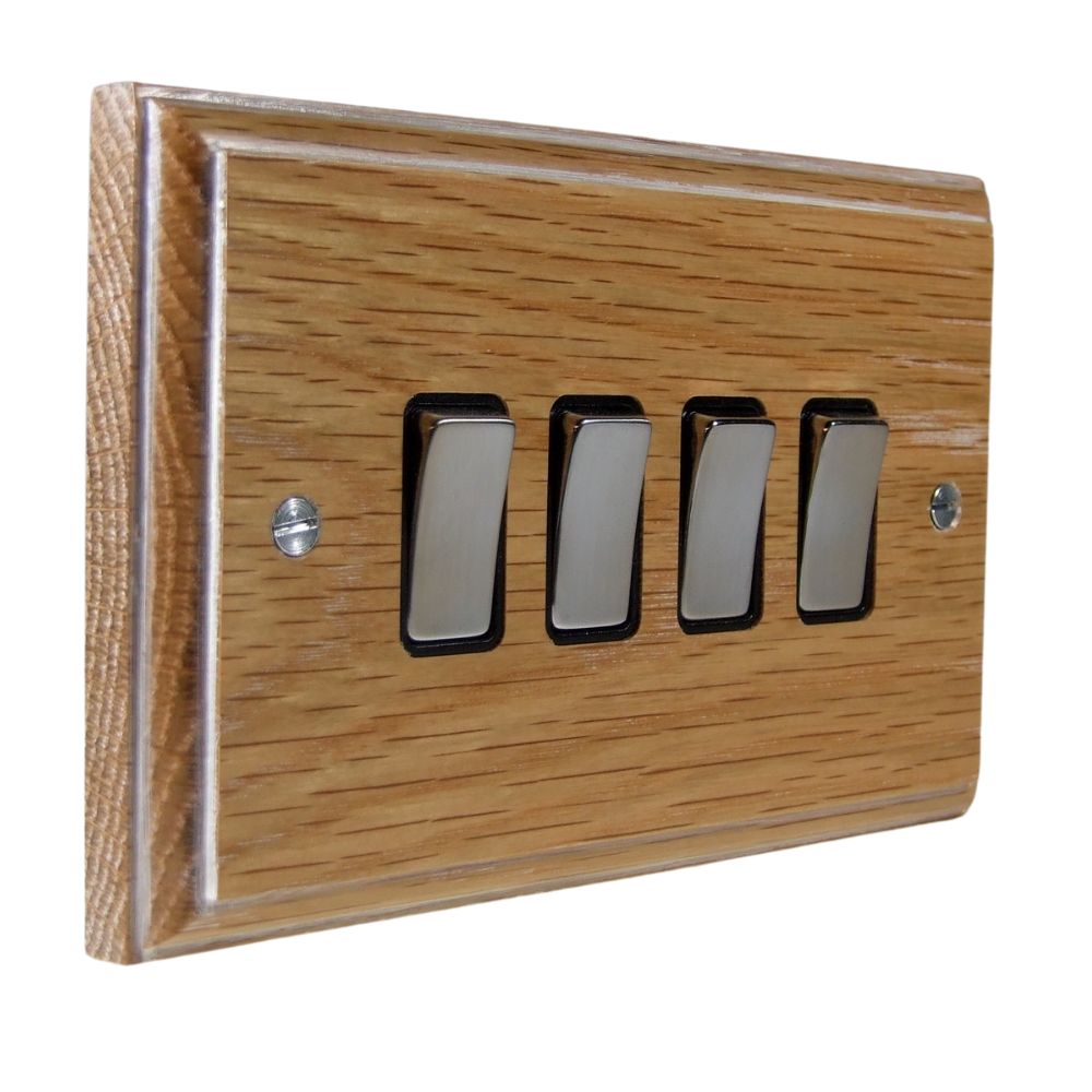 Classic Limed Oak 4 Switch Light Switch Satin Stainless and Black