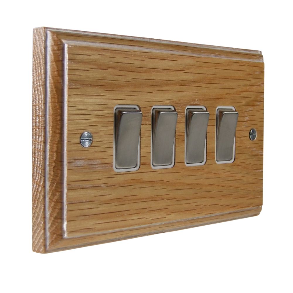 Classic Limed Oak 4 Switch Light Switch Satin Stainless and White