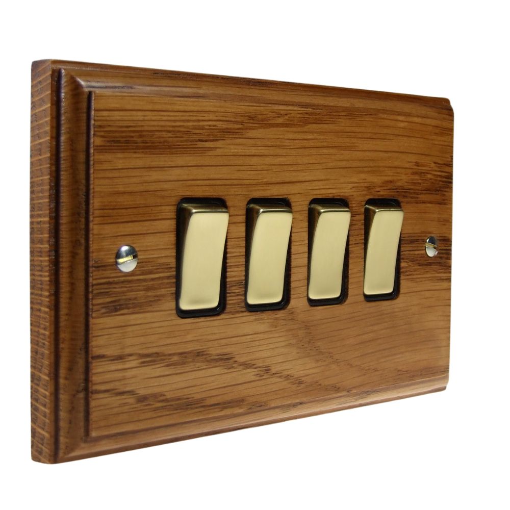Classic Medium Oak 4 Switch Light Switch Polished Brass and Black