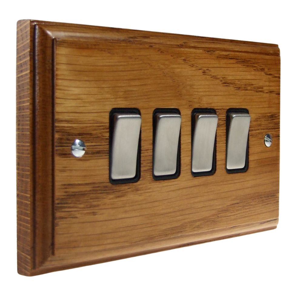 Classic Medium Oak 4  Switch Light Switch Satin Stainless and Black