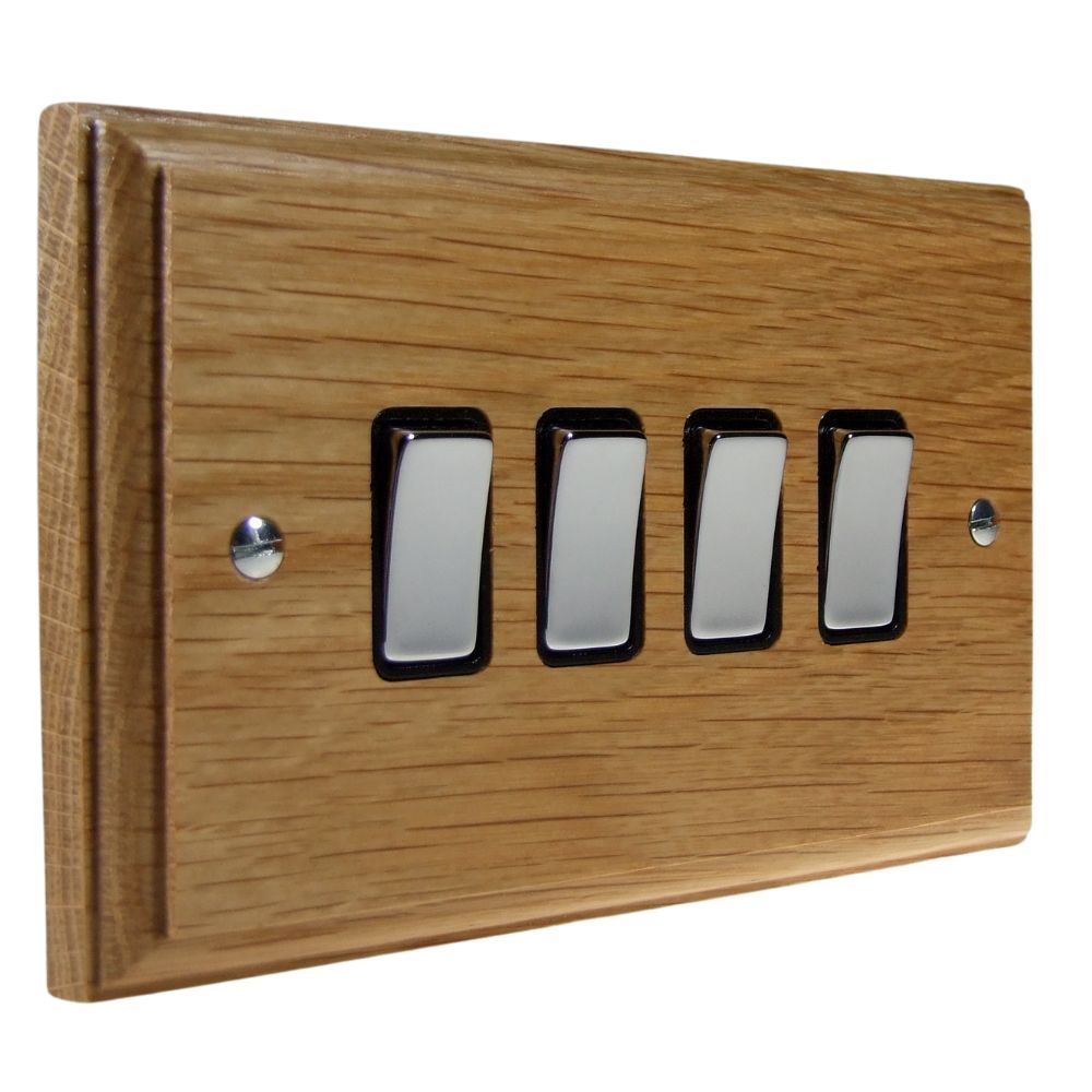 Classic Oak 4 Switch Light Switch Polished Chrome and Black