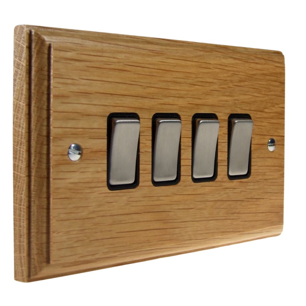 Classic Oak 4 Switch Light Switch Satin Stainless and Black