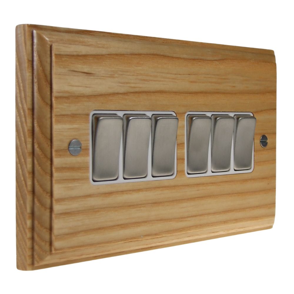Classic Ash 6 Switch Light Switch Satin Stainless and White