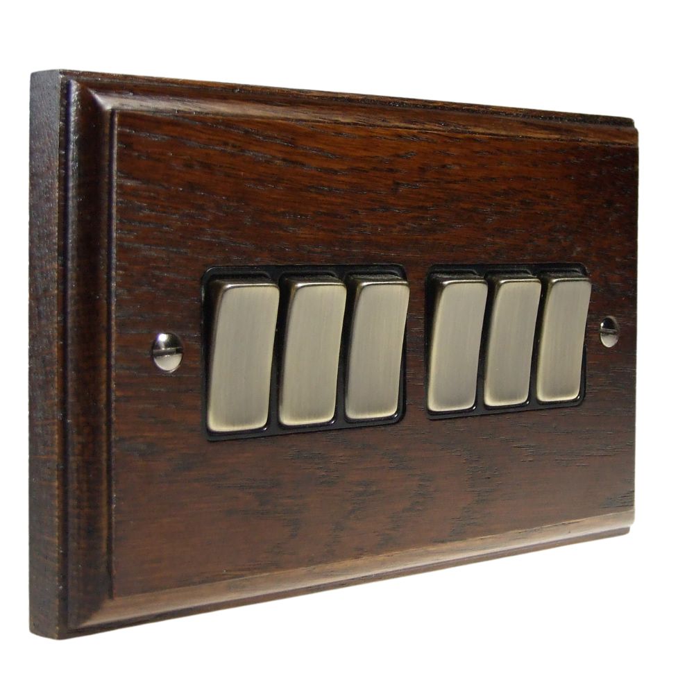 Classic Dark Oak 6 Switch Light Switch Antique Brass and Black