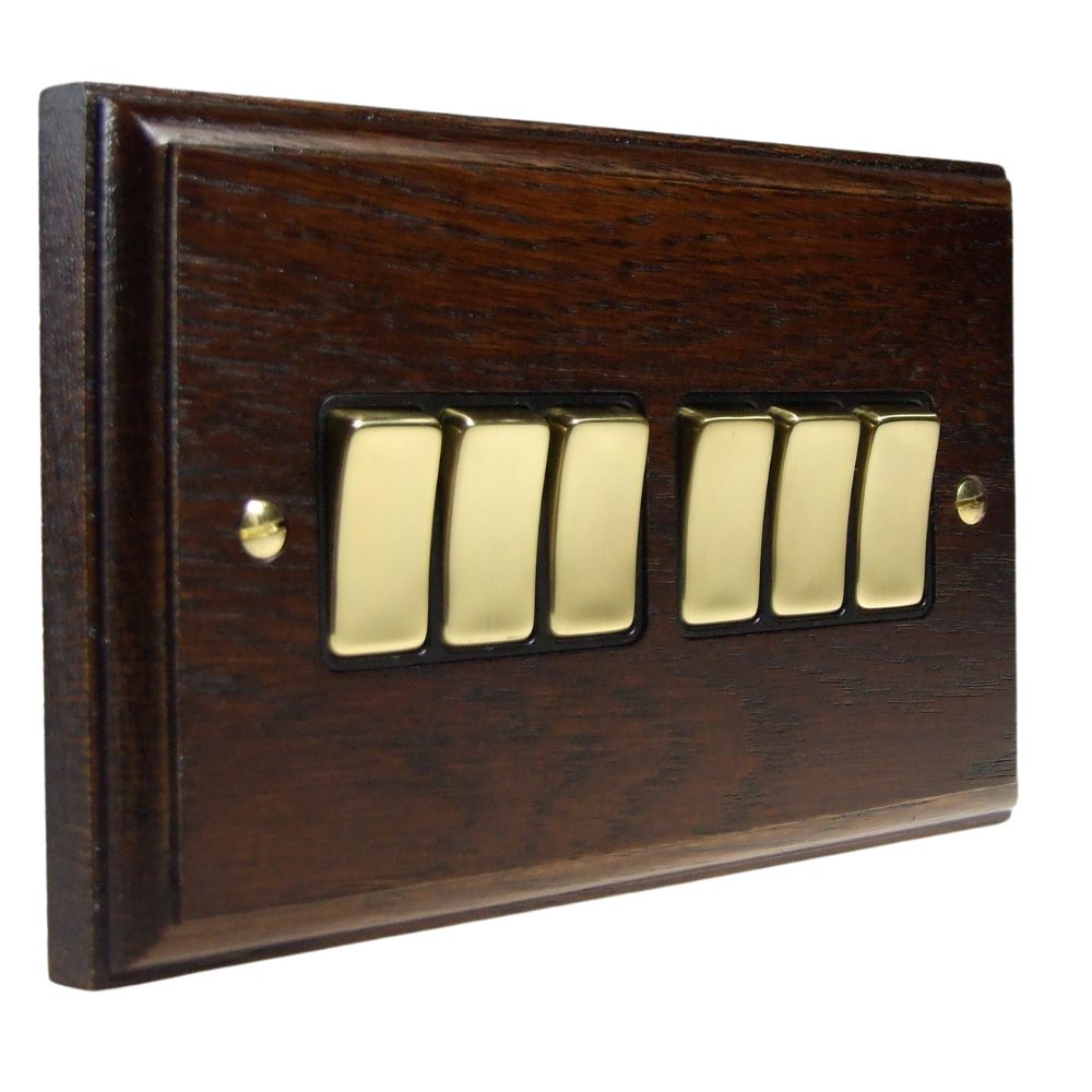 Classic Dark Oak 6 Switch Light Switch Polished Brass and Black