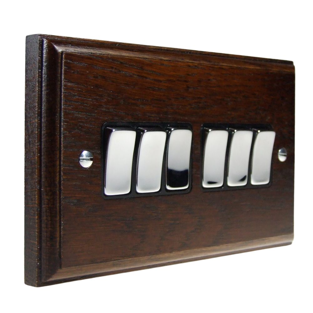 Classic Dark Oak 6 Switch Light Switch Polished Chrome and Black