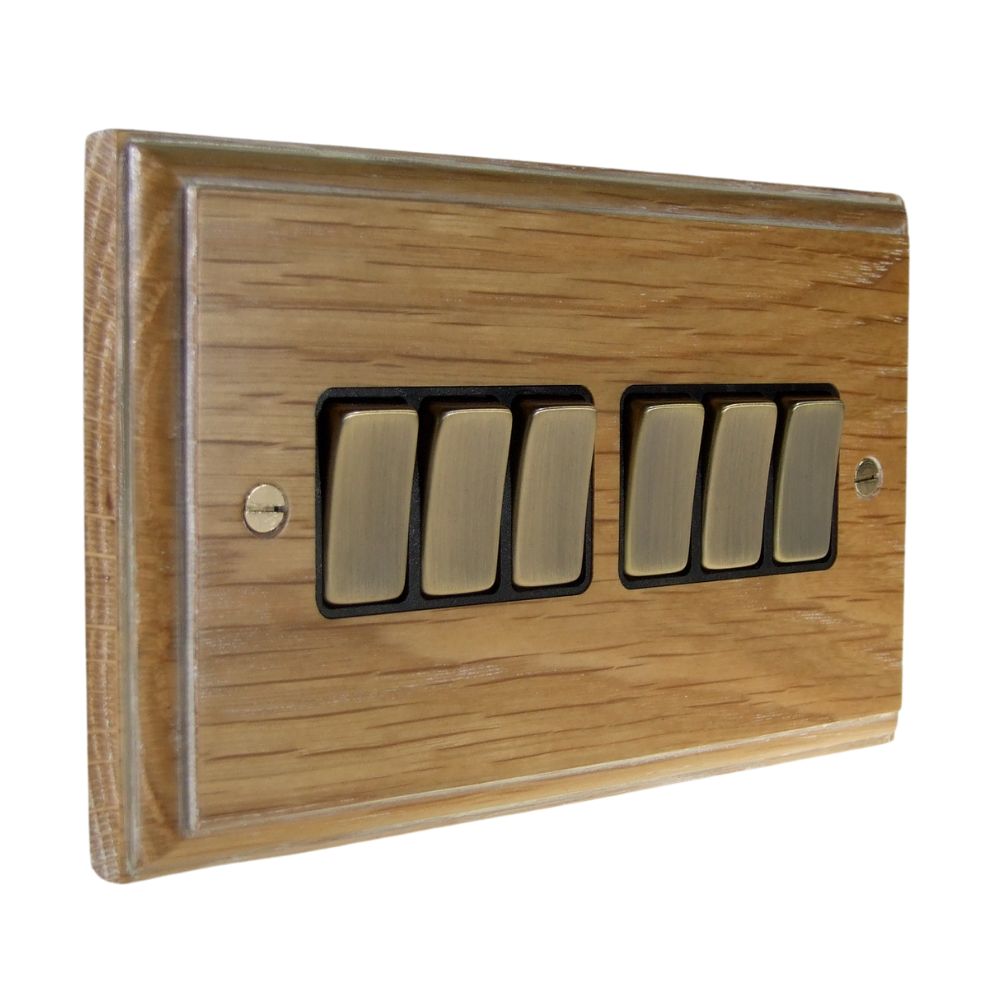 Classic Limed Oak 6 Switch Light Switch Antique Brass and Black