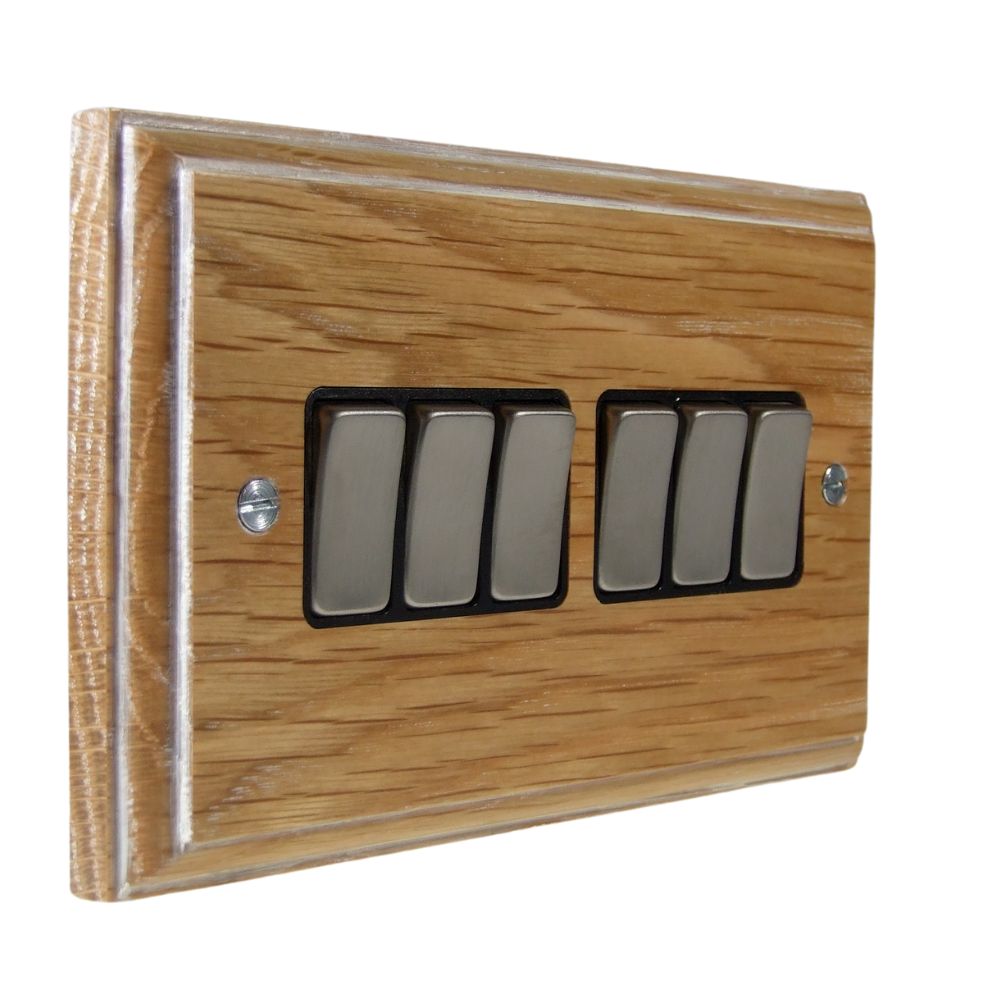 Classic Limed Oak 6 Switch Light Switch Polished Chrome and Black