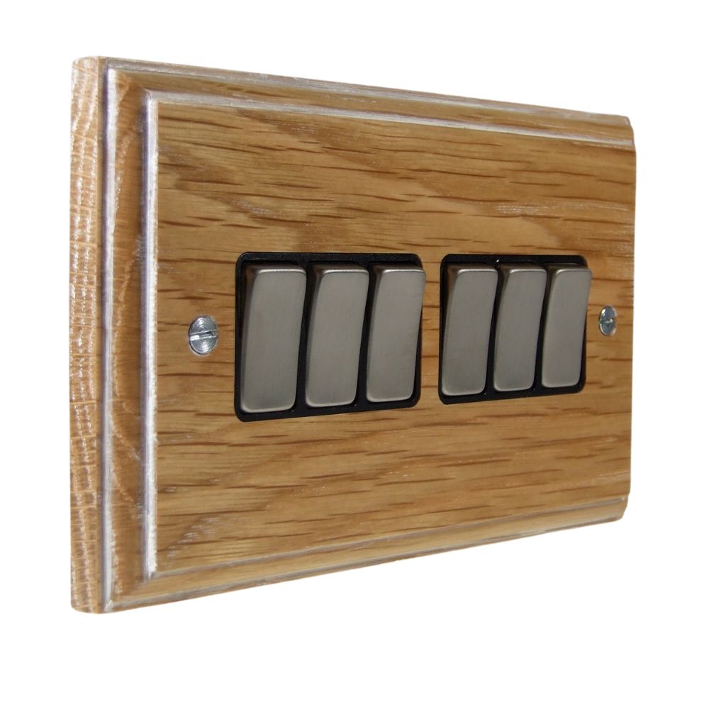 Classic Limed Oak 6 Switch Light Switch Satin Stainless and Black