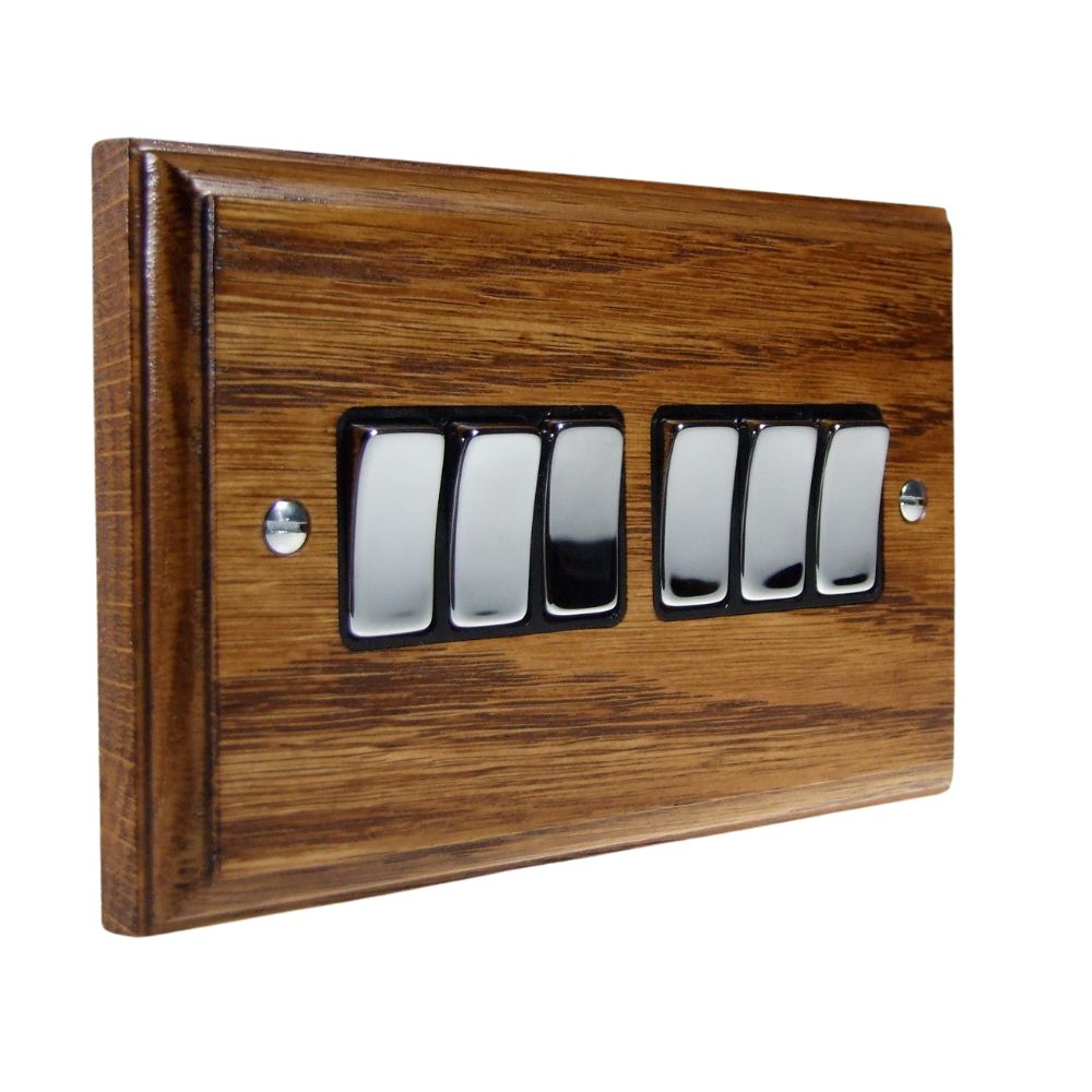 Classic Medium Oak 6 Switch Light Switch Polished Chrome and Black