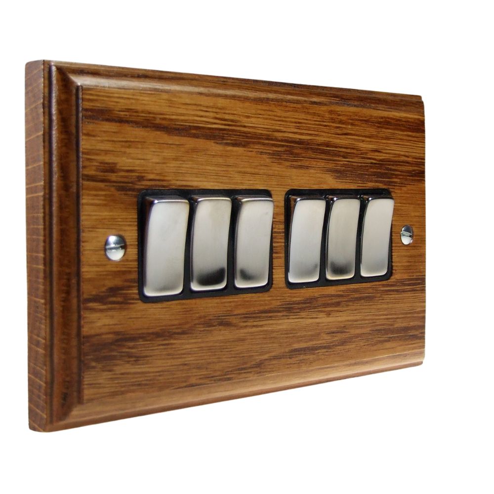 Classic Medium Oak 6 Switch Light Switch Satin Stainless and Black