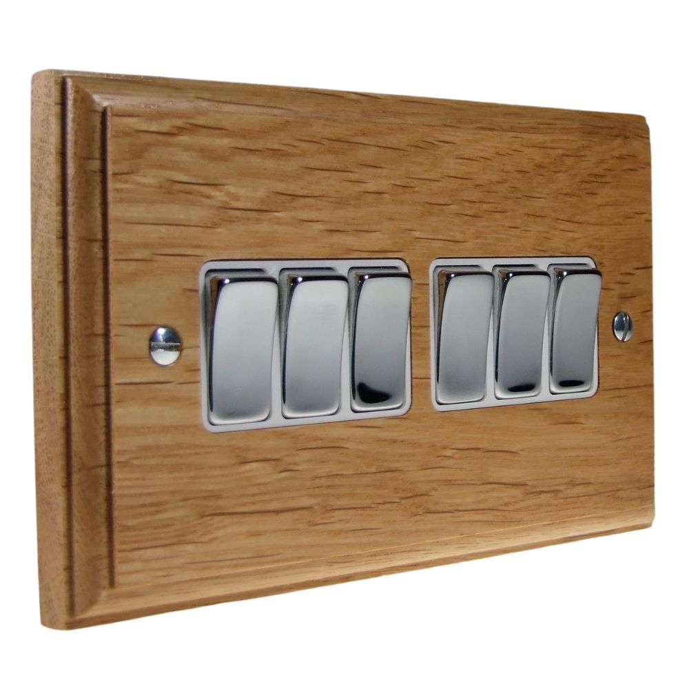 Classic Oak 6 Switch Light SwitchPolished Chrome and White